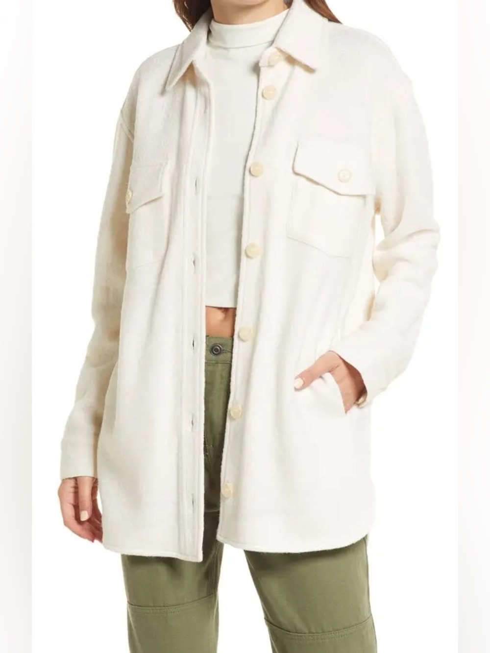 Thread & Supply cream-colored fleece shirt jacket (shacket)